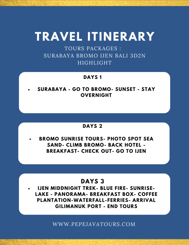 TRAVEL ITINERARIES BROMO IJEN FROM SURABAYA - YOGYA BROMO IJEN BALI TOUR