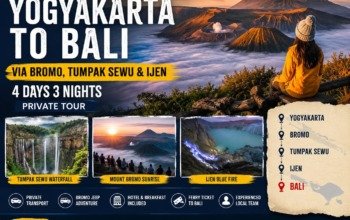 Experience the ultimate Java Overland Tour from Yogyakarta to Bali. Explore Mount Bromo, Tumpak Sewu Waterfall, and Ijen Blue Fire on a 4 Days 3 Nights private adventure